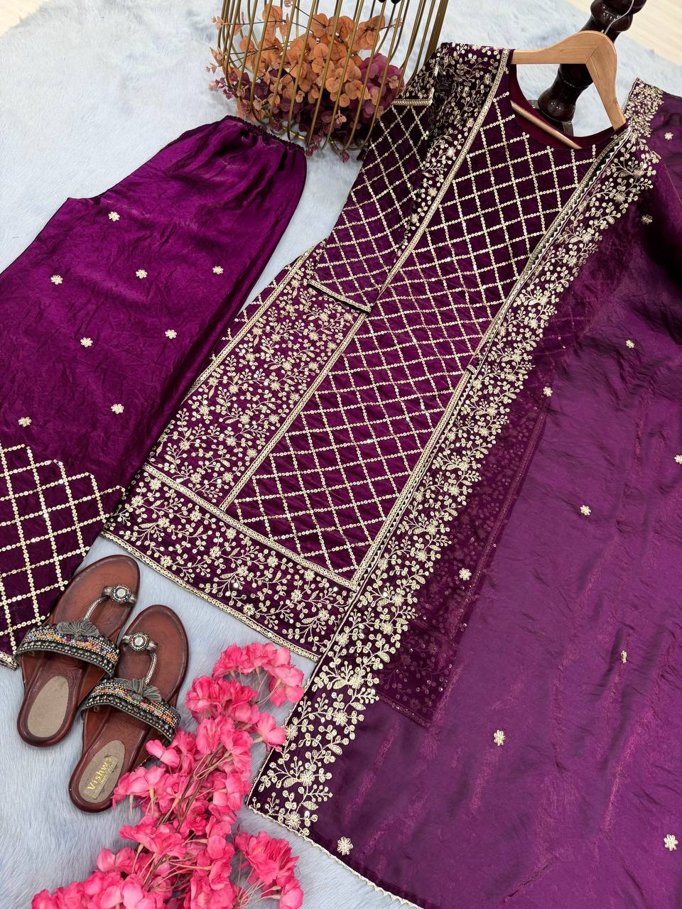 Dark Purple Premium Designer Party Wear Ready-Made Top, Plazzo & Dupatta Set ClothsVilla