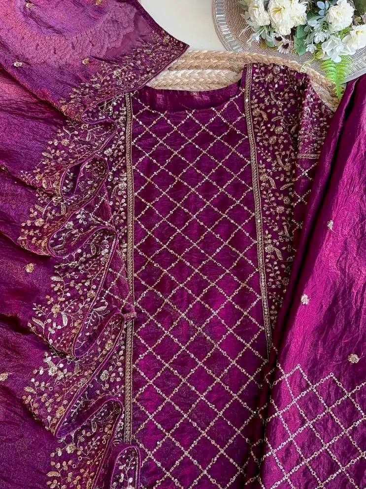 Dark Purple Premium Designer Party Wear Ready-Made Top, Plazzo & Dupatta Set ClothsVilla