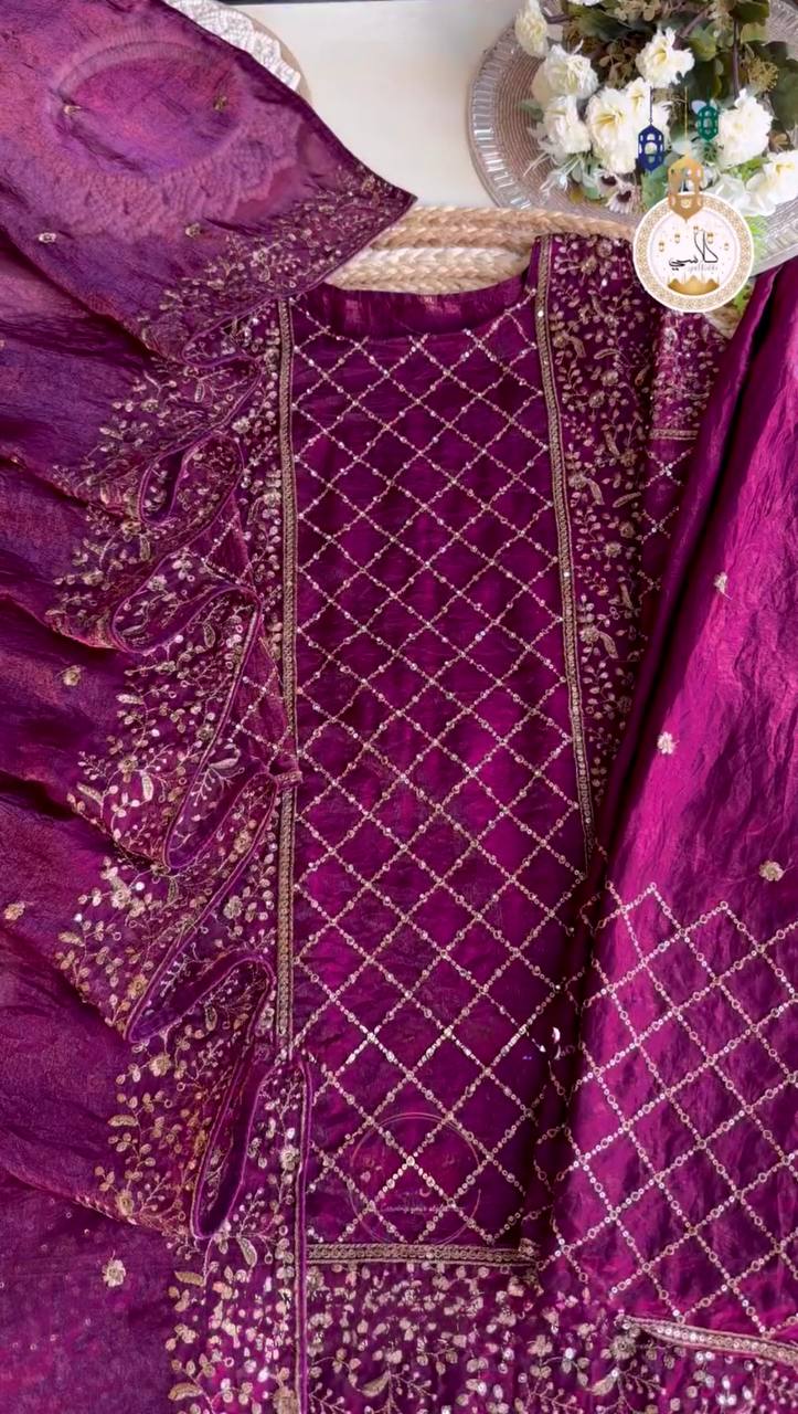 Dark Purple Premium Designer Party Wear Ready-Made Top, Plazzo & Dupatta Set ClothsVilla