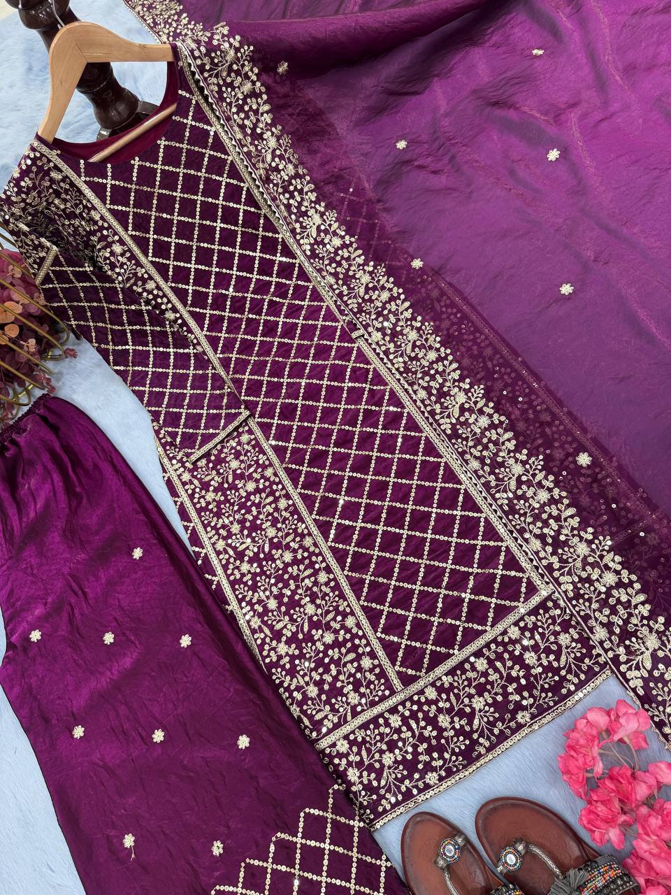 Dark Purple Premium Designer Party Wear Ready-Made Top, Plazzo & Dupatta Set ClothsVilla