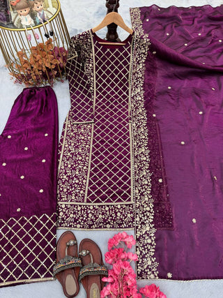 Dark Purple Premium Designer Party Wear Ready-Made Top, Plazzo & Dupatta Set ClothsVilla