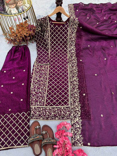 Dark Purple Premium Designer Party Wear Ready-Made Top, Plazzo & Dupatta Set ClothsVilla