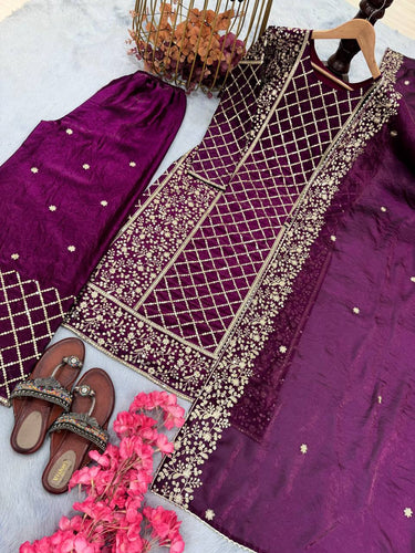 Dark Purple Premium Designer Party Wear Ready-Made Top, Plazzo & Dupatta Set ClothsVilla