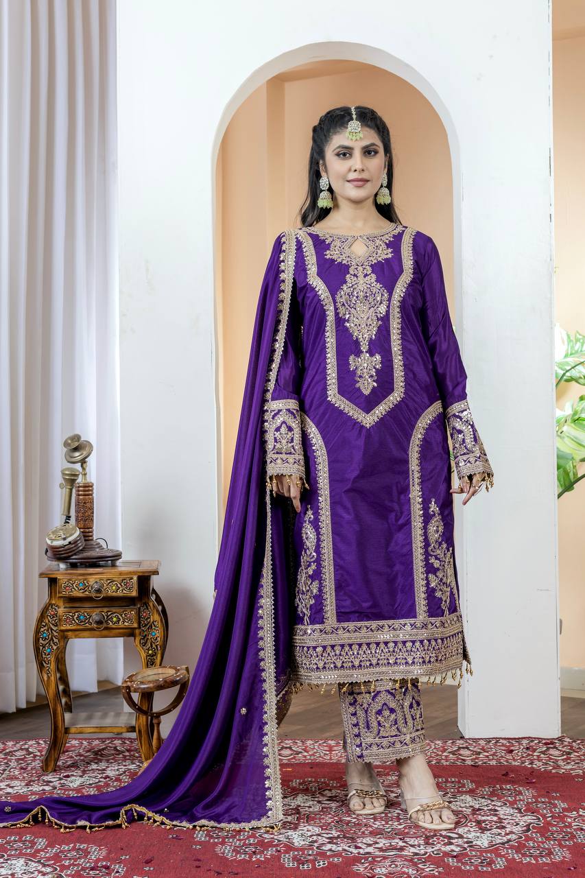 Dark Purple Premium Designer Readymade Chinon Silk Top, Plazzo & Dupatta Set – Party Wear Elegance Main image