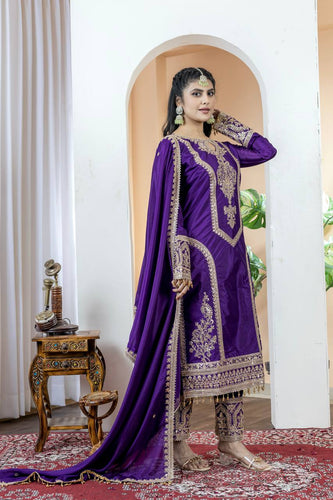 Dark Purple Premium Designer Readymade Chinon Silk Top, Plazzo & Dupatta Set – Party Wear Elegance