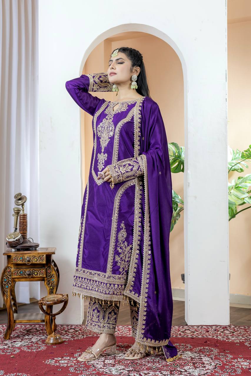 Dark Purple Premium Designer Readymade Chinon Silk Top, Plazzo & Dupatta Set – Party Wear Elegance