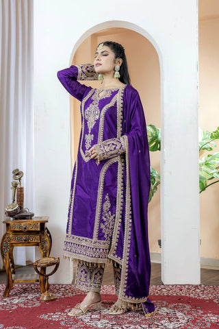 Dark Purple Premium Designer Readymade Chinon Silk Top, Plazzo & Dupatta Set – Party Wear Elegance