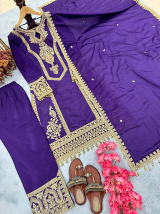 Dark Purple Premium Designer Readymade Chinon Silk Top, Plazzo & Dupatta Set – Party Wear Elegance