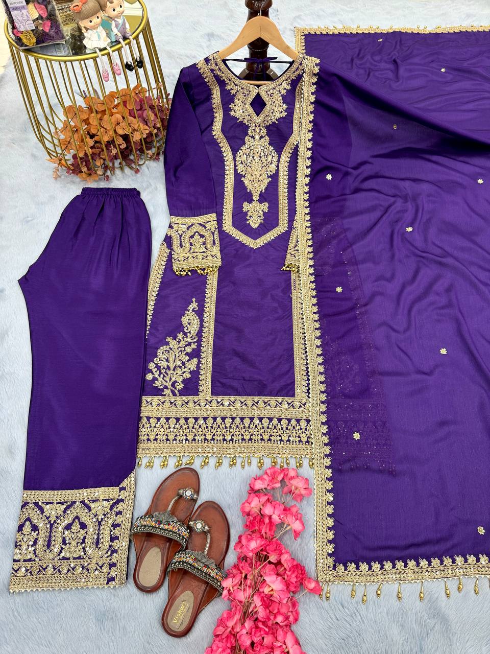 Dark Purple Premium Designer Readymade Chinon Silk Top, Plazzo & Dupatta Set – Party Wear Elegance
