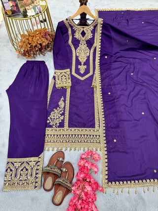 Dark Purple Premium Designer Readymade Chinon Silk Top, Plazzo & Dupatta Set – Party Wear Elegance