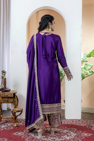 Dark Purple Premium Designer Readymade Chinon Silk Top, Plazzo & Dupatta Set – Party Wear Elegance