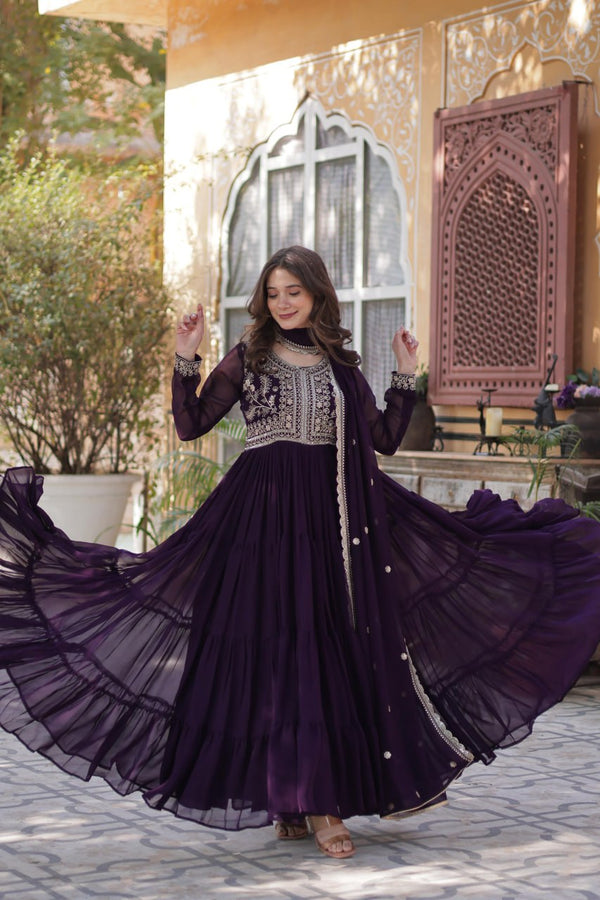 Dark Purple Premium Designer Readymade Gown with Dupatta – Elegant Embroidered Pearl Work ClothsVilla