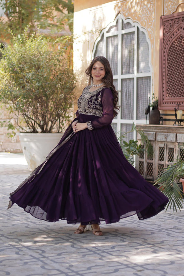 Dark Purple Premium Designer Readymade Gown with Dupatta – Elegant Embroidered Pearl Work ClothsVilla