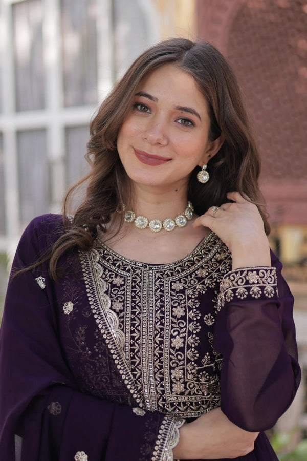 Dark Purple Premium Designer Readymade Gown with Dupatta – Elegant Embroidered Pearl Work ClothsVilla