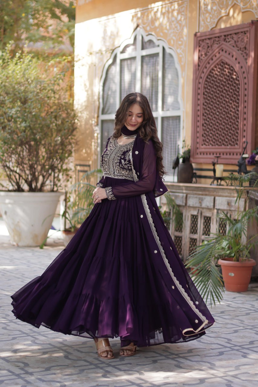Dark Purple Premium Designer Readymade Gown with Dupatta – Elegant Embroidered Pearl Work ClothsVilla