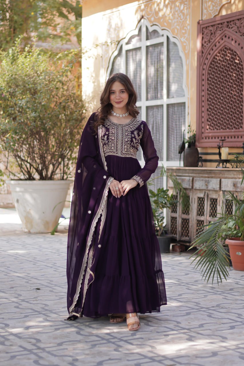 Dark Purple Premium Designer Readymade Gown with Dupatta – Elegant Embroidered Pearl Work ClothsVilla