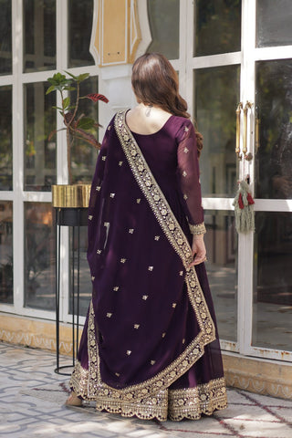 Dark Purple Premium Faux Blooming Embroidered Gown Set with Designer Dupatta ClothsVilla