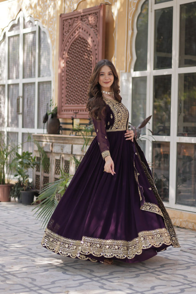 Dark Purple Premium Faux Blooming Embroidered Gown Set with Designer Dupatta ClothsVilla