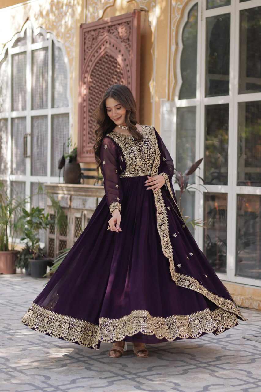 Dark Purple Premium Faux Blooming Embroidered Gown Set with Designer Dupatta ClothsVilla