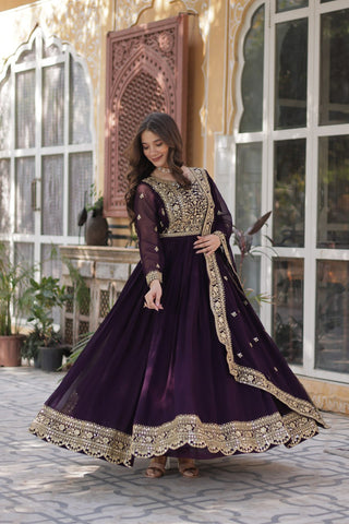 Dark Purple Premium Faux Blooming Embroidered Gown Set with Designer Dupatta ClothsVilla