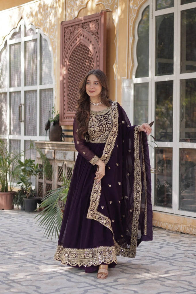 Dark Purple Premium Faux Blooming Embroidered Gown Set with Designer Dupatta ClothsVilla