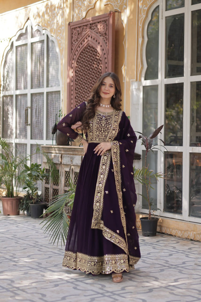 Dark Purple Premium Faux Blooming Embroidered Gown Set with Designer Dupatta ClothsVilla