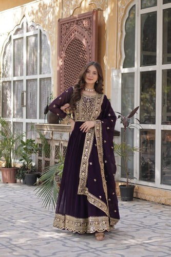 Dark Purple Premium Faux Blooming Embroidered Gown Set with Designer Dupatta ClothsVilla