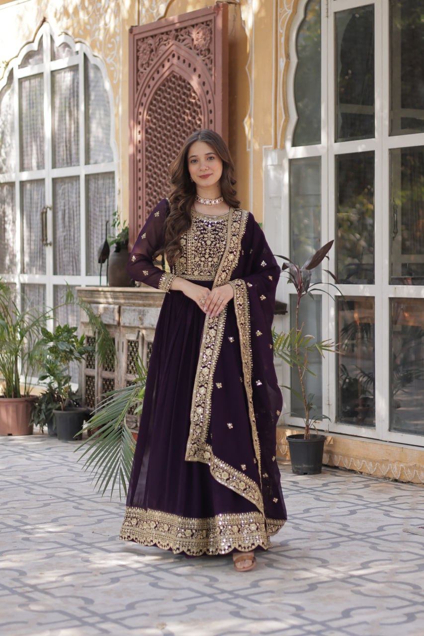 Dark Purple Premium Faux Blooming Embroidered Gown Set with Designer Dupatta ClothsVilla Main image