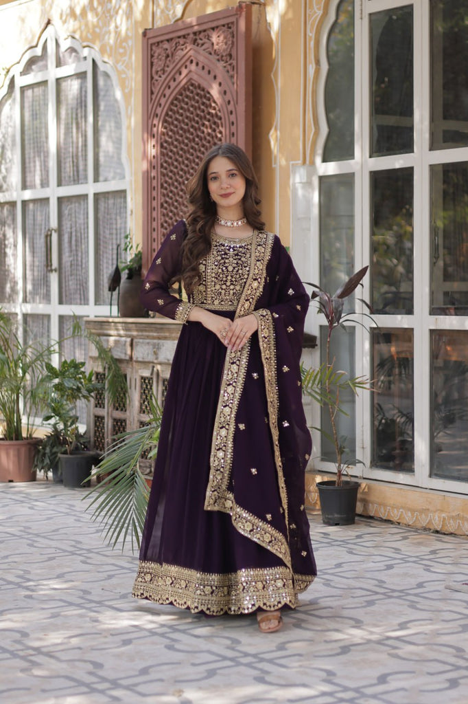 Dark Purple Premium Faux Blooming Embroidered Gown Set with Designer Dupatta ClothsVilla