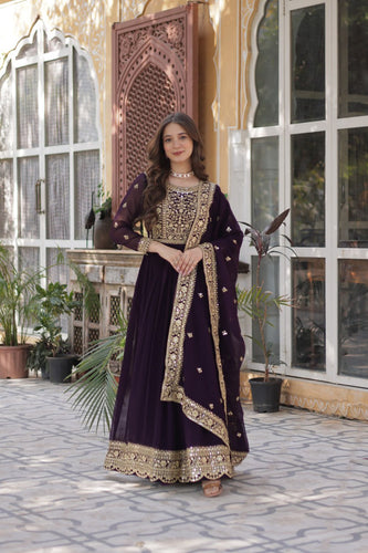 Dark Purple Premium Faux Blooming Embroidered Gown Set with Designer Dupatta ClothsVilla