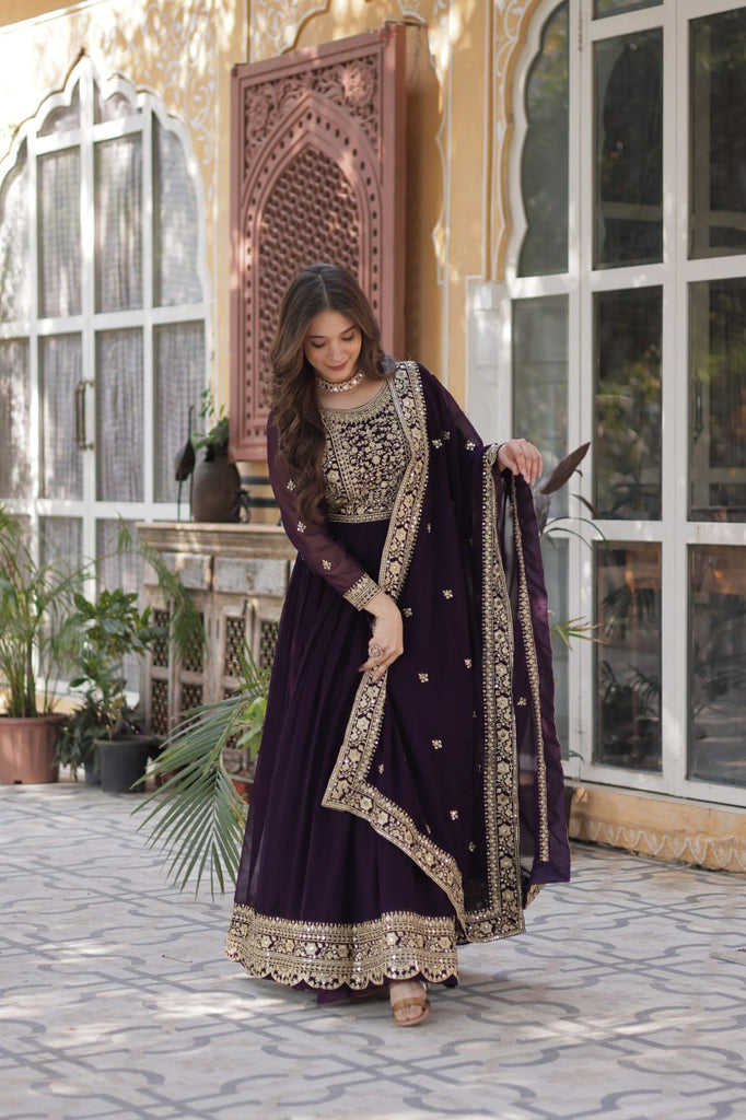 Dark Purple Premium Faux Blooming Embroidered Gown Set with Designer Dupatta ClothsVilla