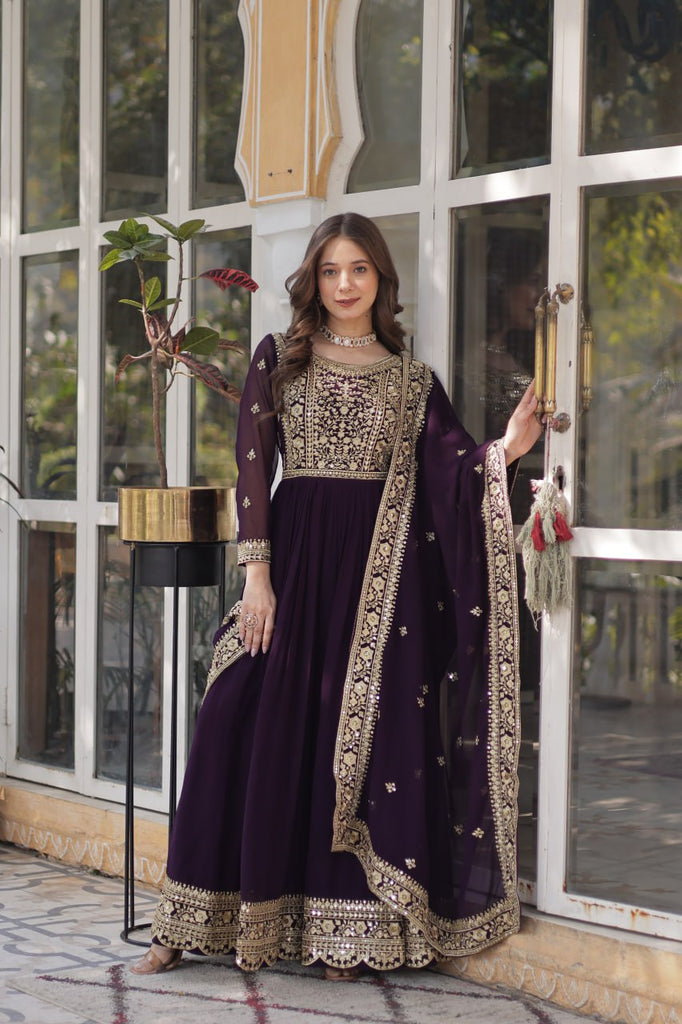 Dark Purple Premium Faux Blooming Embroidered Gown Set with Designer Dupatta ClothsVilla