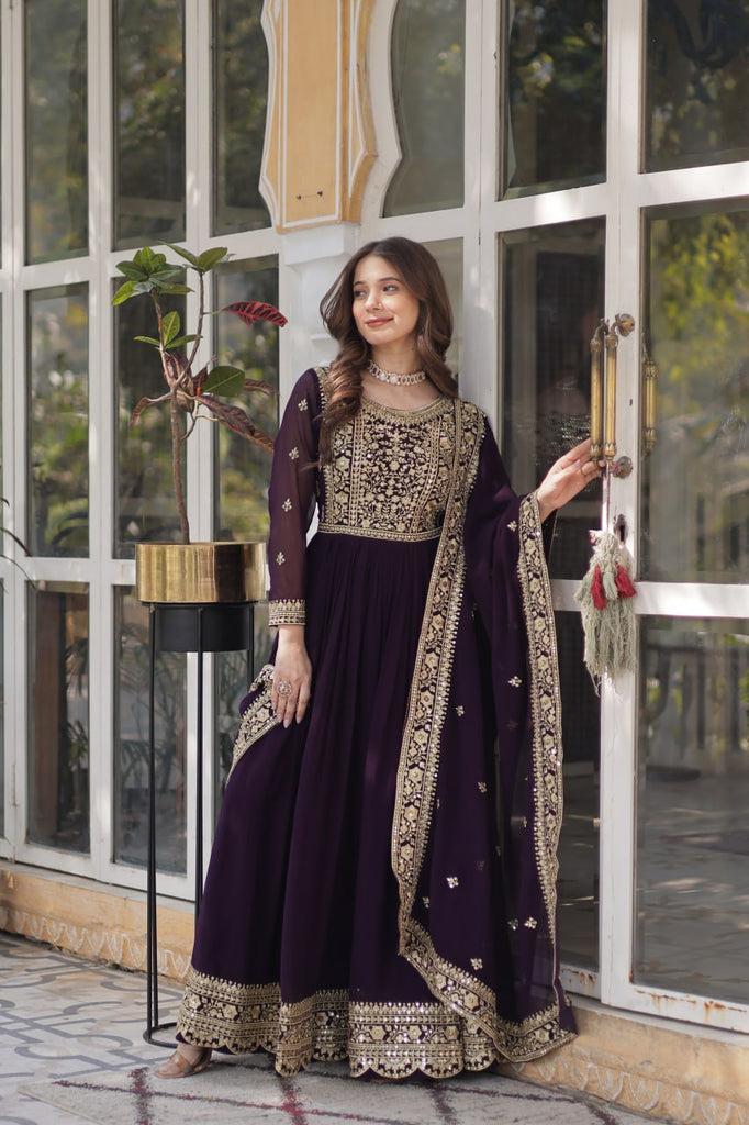 Dark Purple Premium Faux Blooming Embroidered Gown Set with Designer Dupatta ClothsVilla