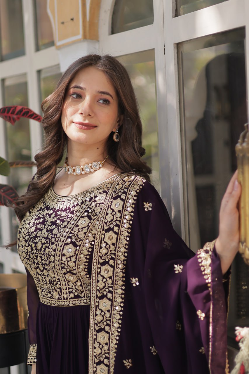 Dark Purple Premium Faux Blooming Embroidered Gown Set with Designer Dupatta ClothsVilla