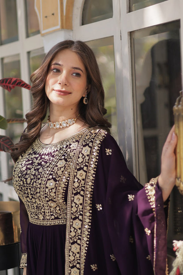 Dark Purple Premium Faux Blooming Embroidered Gown Set with Designer Dupatta ClothsVilla