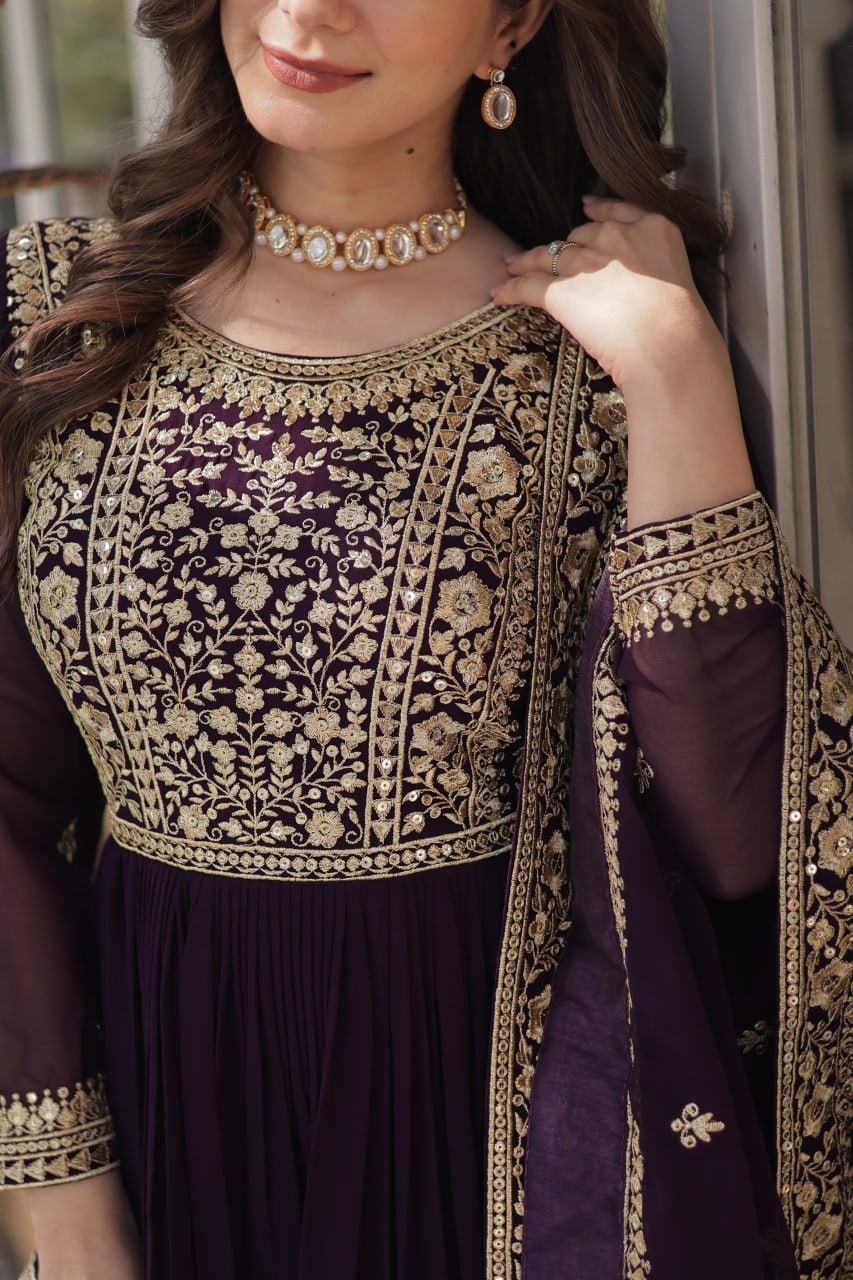 Dark Purple Premium Faux Blooming Embroidered Gown Set with Designer Dupatta ClothsVilla