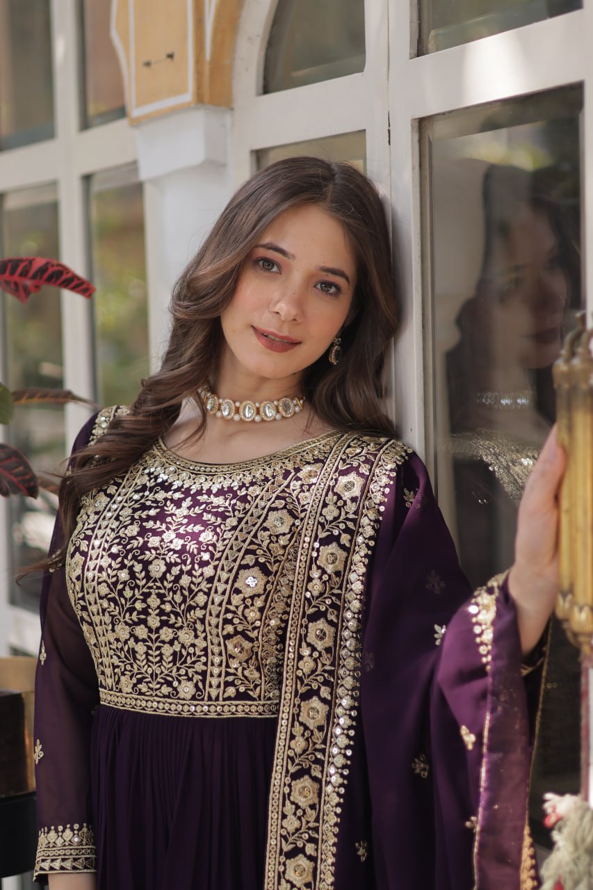 Dark Purple Premium Faux Blooming Embroidered Gown Set with Designer Dupatta ClothsVilla