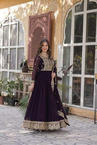 Dark Purple Premium Faux Blooming Embroidered Gown Set with Designer Dupatta ClothsVilla