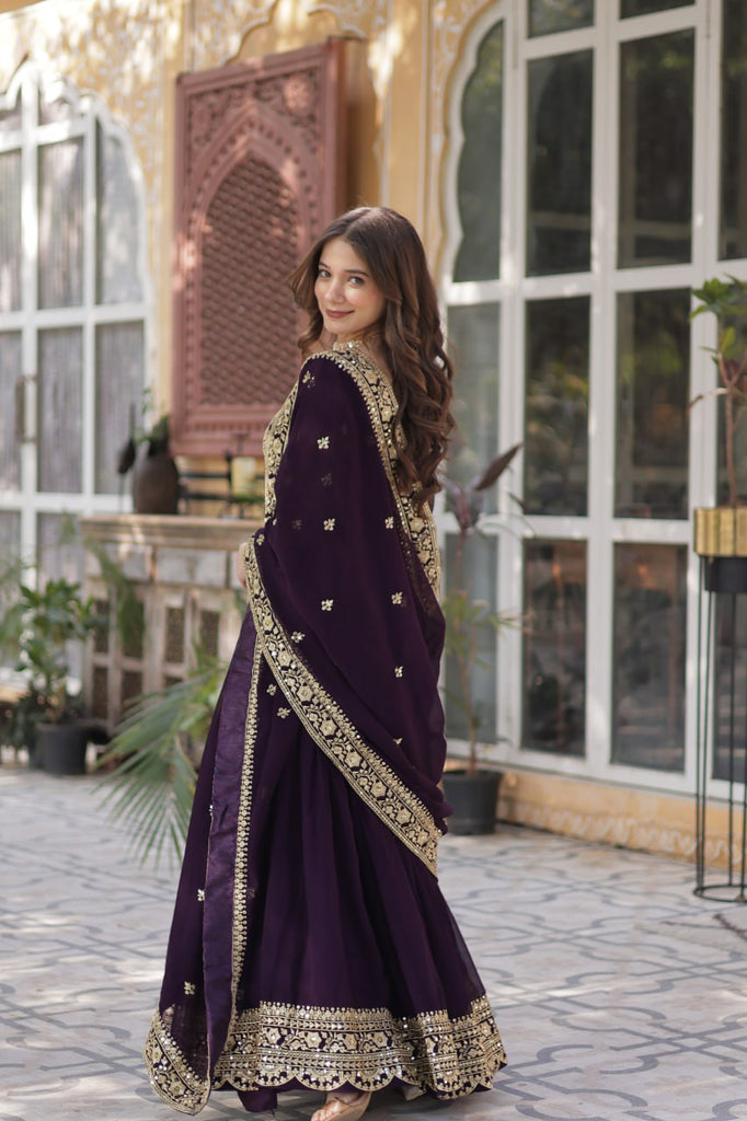Dark Purple Premium Faux Blooming Embroidered Gown Set with Designer Dupatta ClothsVilla
