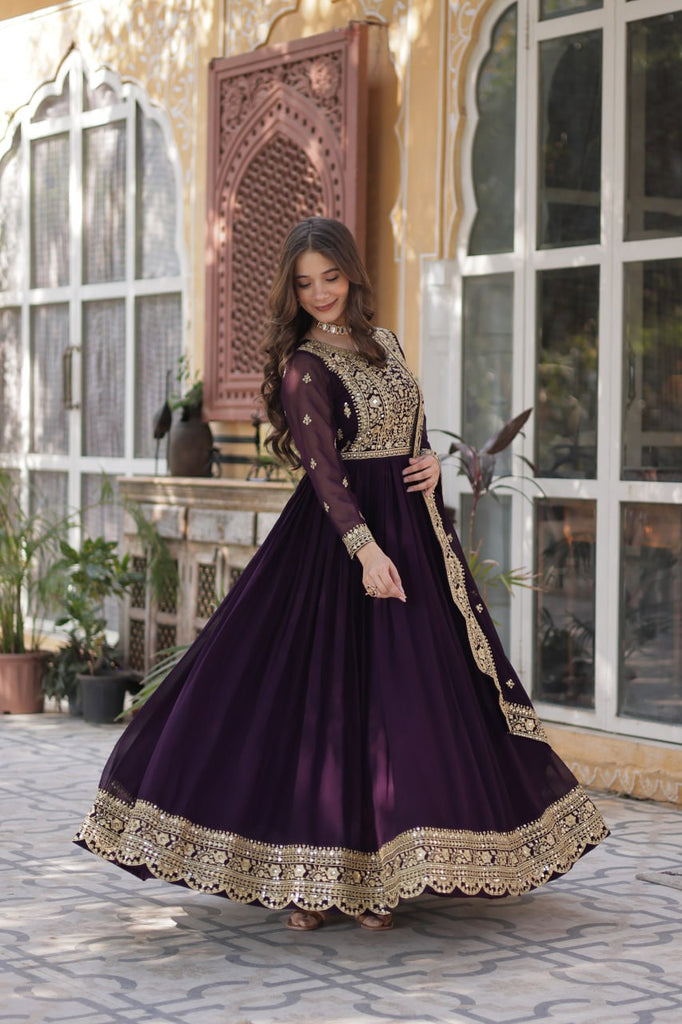 Dark Purple Premium Faux Blooming Embroidered Gown Set with Designer Dupatta ClothsVilla