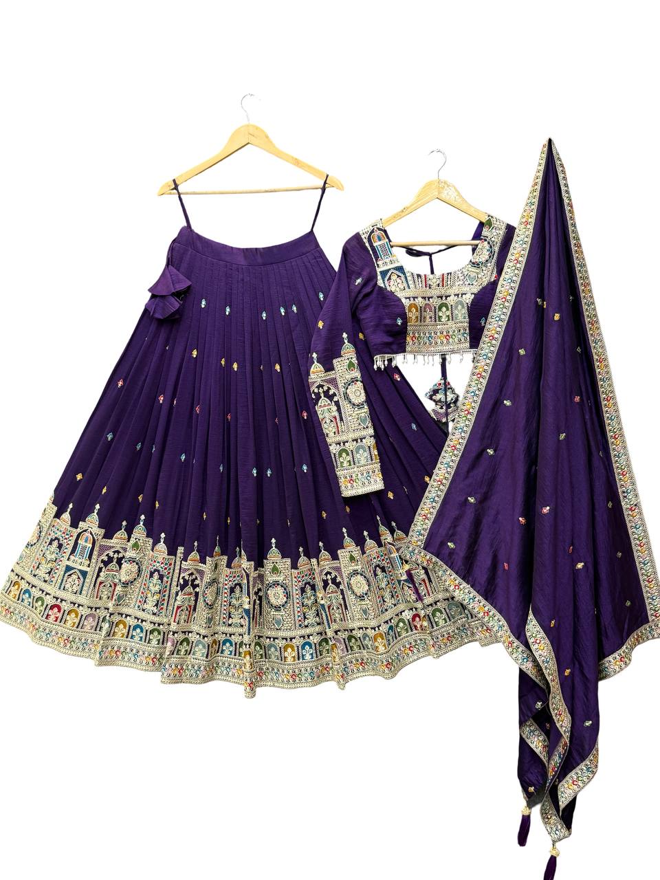 Dark Purple Premium Vichitra Silk Fully Stitched Lehenga Set with Heavy Embroidery & Dupatta ClothsVilla