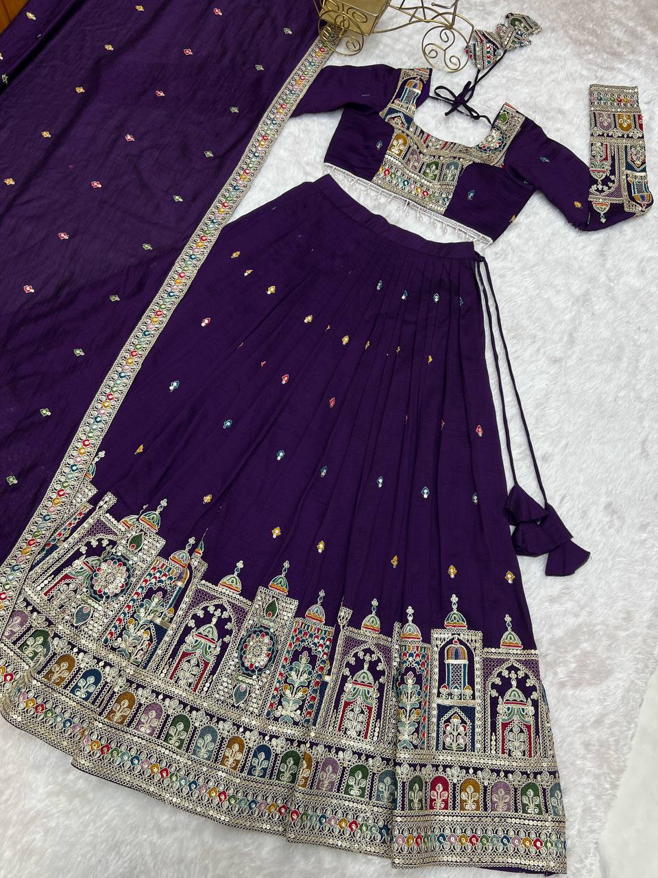 Dark Purple Premium Vichitra Silk Fully Stitched Lehenga Set with Heavy Embroidery & Dupatta ClothsVilla