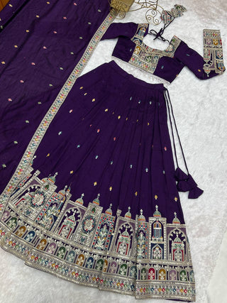 Dark Purple Premium Vichitra Silk Fully Stitched Lehenga Set with Heavy Embroidery & Dupatta ClothsVilla