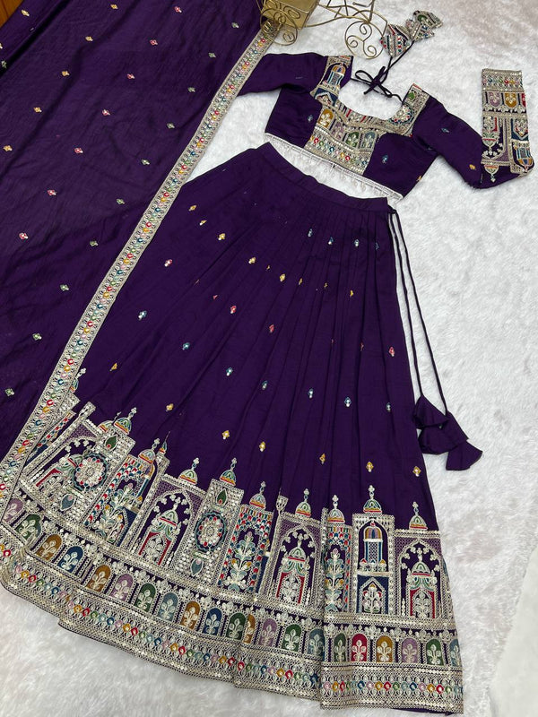 Dark Purple Premium Vichitra Silk Fully Stitched Lehenga Set with Heavy Embroidery & Dupatta ClothsVilla