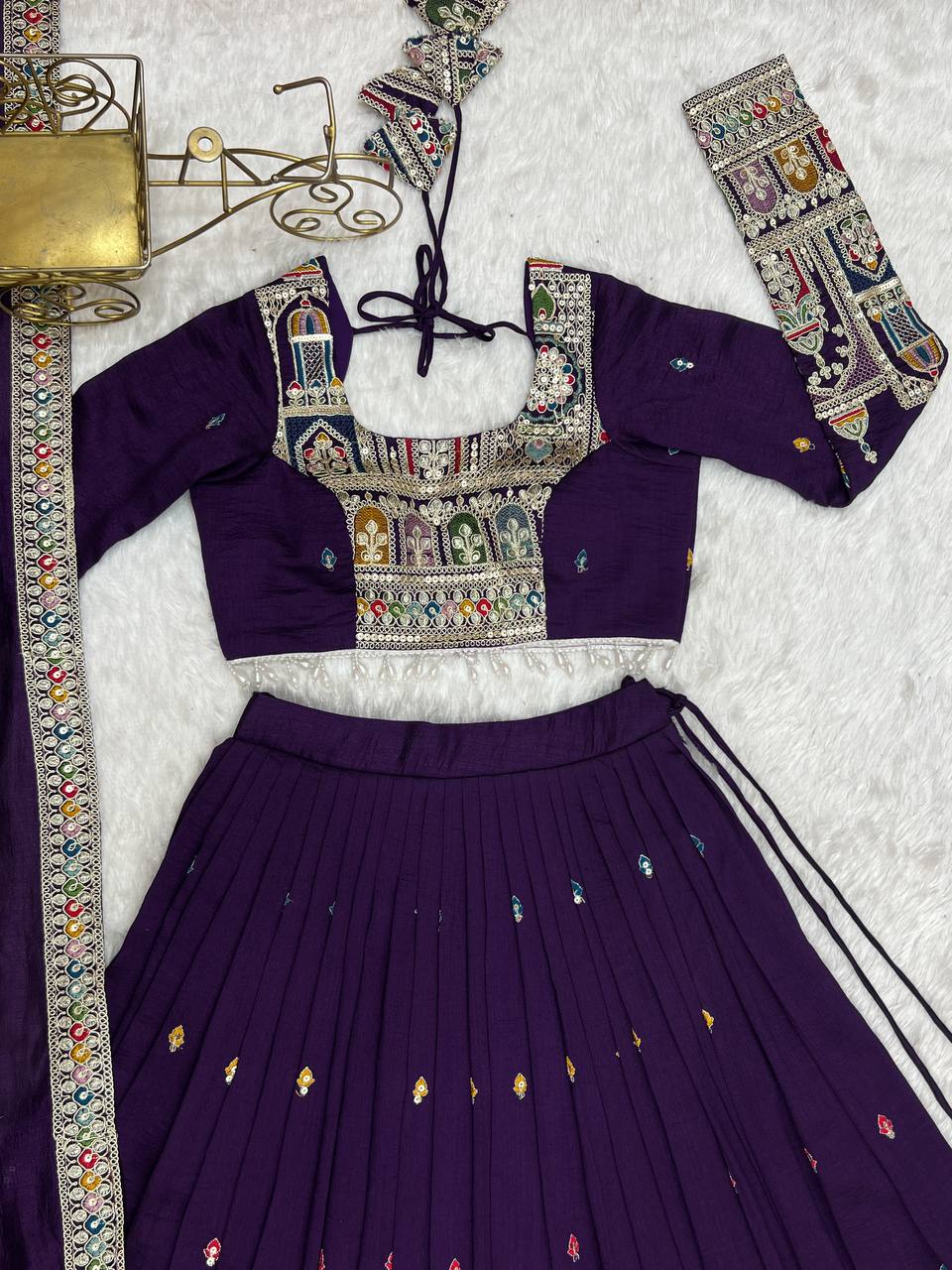 Dark Purple Premium Vichitra Silk Fully Stitched Lehenga Set with Heavy Embroidery & Dupatta ClothsVilla