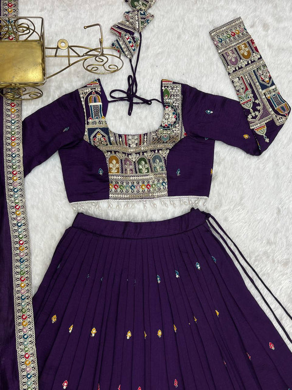 Dark Purple Premium Vichitra Silk Fully Stitched Lehenga Set with Heavy Embroidery & Dupatta ClothsVilla