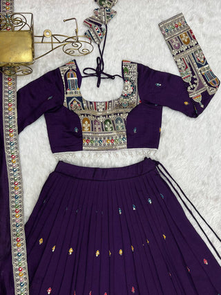 Dark Purple Premium Vichitra Silk Fully Stitched Lehenga Set with Heavy Embroidery & Dupatta ClothsVilla