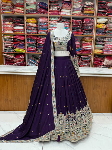 Dark Purple Premium Vichitra Silk Fully Stitched Lehenga Set with Heavy Embroidery & Dupatta ClothsVilla