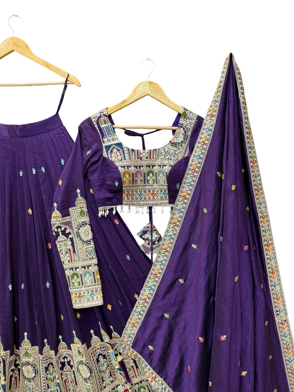 Dark Purple Premium Vichitra Silk Fully Stitched Lehenga Set with Heavy Embroidery & Dupatta ClothsVilla
