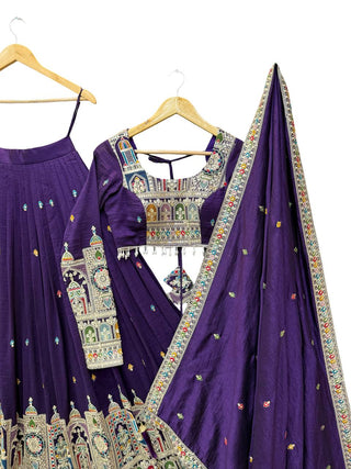 Dark Purple Premium Vichitra Silk Fully Stitched Lehenga Set with Heavy Embroidery & Dupatta ClothsVilla